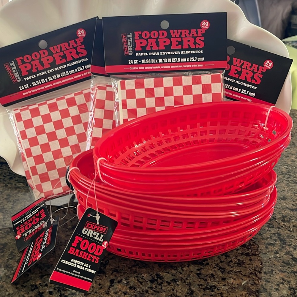 12 Red Food Baskets for Burgers Fries Hot Dogs BBQ With 4 Checkered Liner Packs